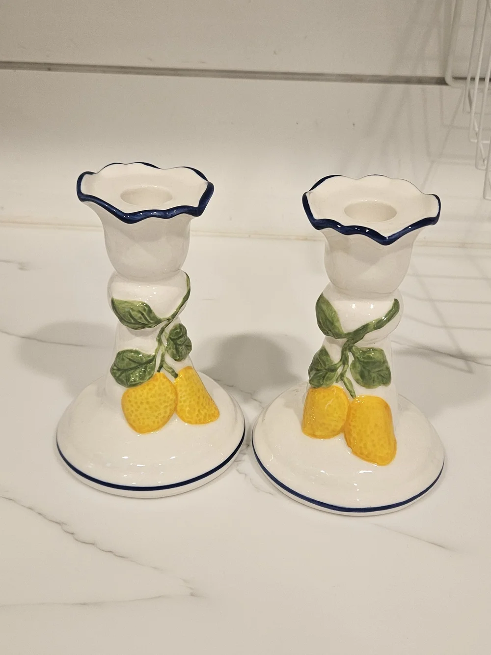 Ceramic Lemon Decorative Candle Holders - White and Yellow Trimmed In Blue